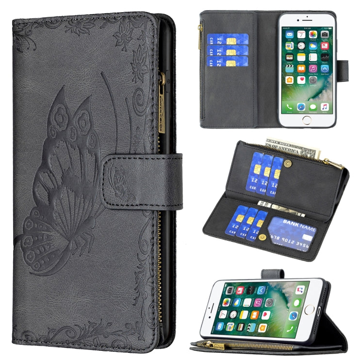 Dark gray embossed butterfly leather flip phone wallet case with zipper pocket and card slots
