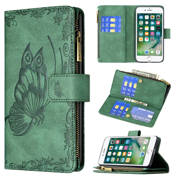 Green embossed butterfly leather flip phone wallet case with zipper pocket and card slots