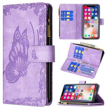 Purple embossed butterfly leather flip phone wallet case with zipper pocket and card slots