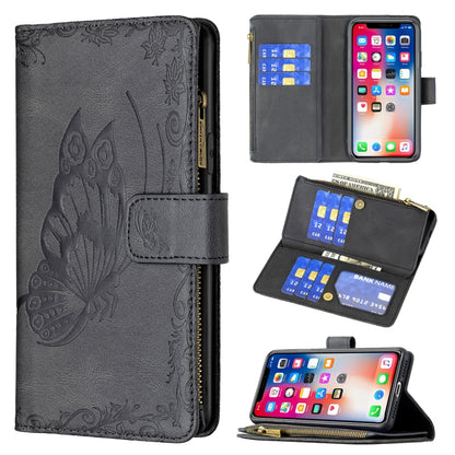 Dark gray embossed butterfly leather flip phone wallet case with zipper pocket and card slots