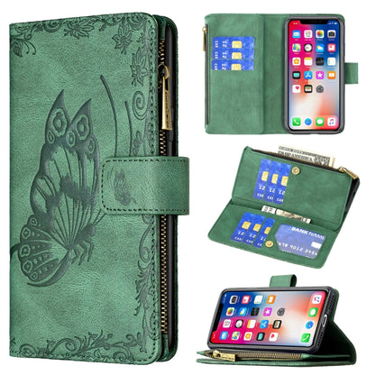 Green embossed butterfly phone wallet case with magnetic flip and zipper card slots