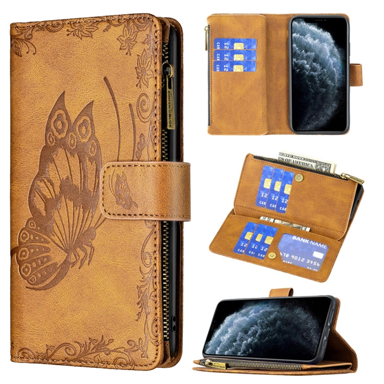 Brown embossed butterfly phone wallet case with magnetic flip and zipper card slots