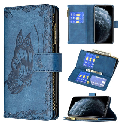 Blue embossed butterfly phone wallet case with magnetic flip and zipper card slots