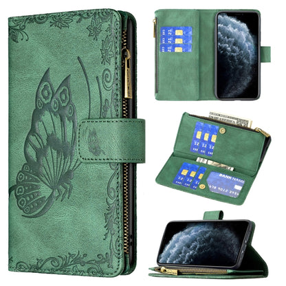 Green embossed butterfly phone wallet case with magnetic flip, holder, and zipper pouch