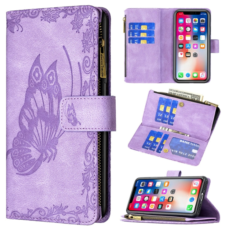 Purple embossed butterfly phone wallet case with magnetic flip and zipper card slots