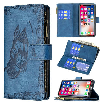 Blue embossed butterfly phone wallet case with magnetic flip and zipper card slots