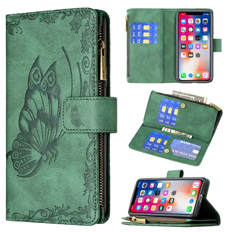 Green embossed butterfly flip leather phone wallet case with card slots and zipper pocket