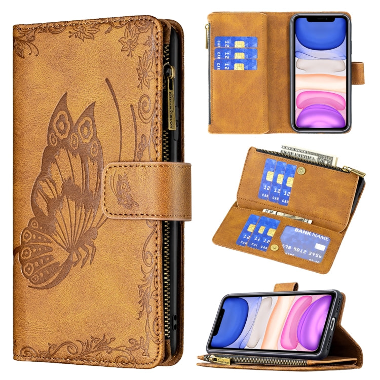 Brown embossed butterfly flip leather phone wallet case with card slots and zipper pocket