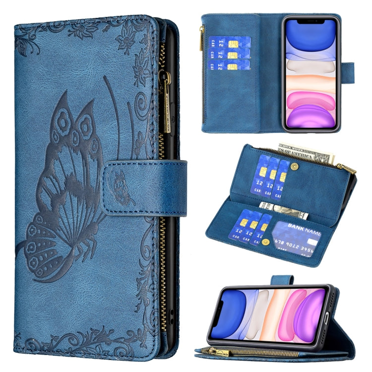 Blue embossed butterfly flip leather phone wallet case with card slots and zipper pocket