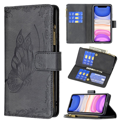 Black embossed butterfly flip leather phone wallet case with card slots and zipper pocket