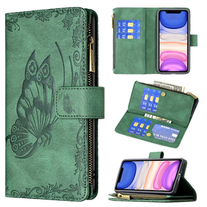 Green embossed butterfly flip leather phone wallet case with card slots and zipper pocket