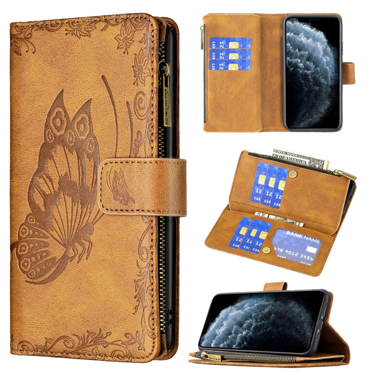 Brown embossed butterfly flip leather phone wallet case with card slots and zipper pocket
