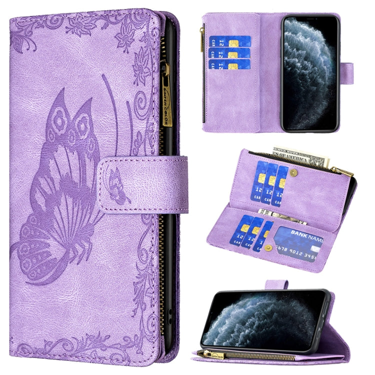 Purple embossed butterfly flip leather phone wallet case with card slots and zipper pocket