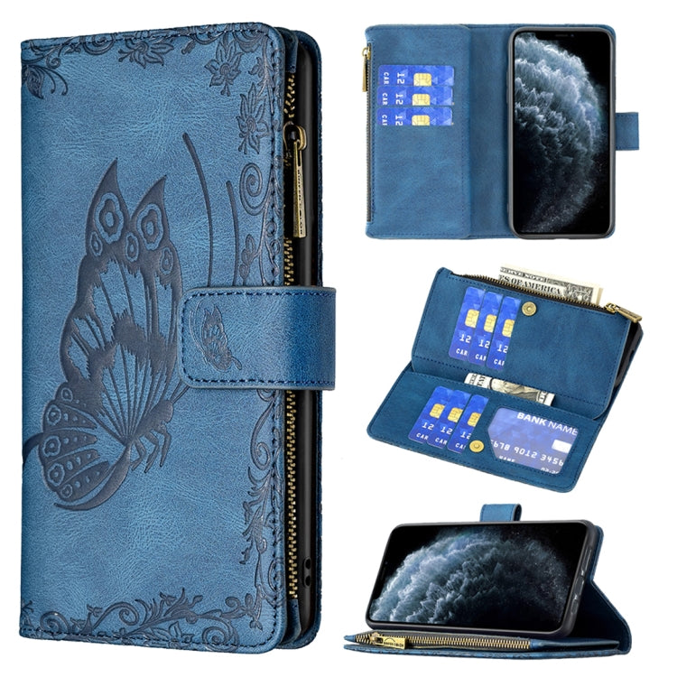 Blue embossed butterfly flip leather phone wallet case with card slots and zipper pocket
