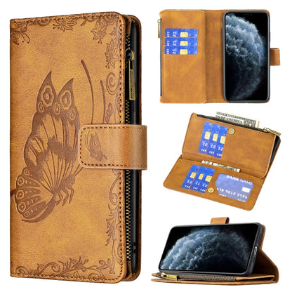 Brown embossed butterfly leather flip phone case with zipper, card slots, wallet holder