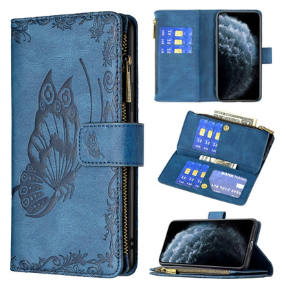 Blue embossed butterfly leather flip phone case with zipper, card slots, wallet holder
