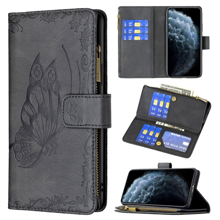 Black embossed butterfly leather flip phone case with zipper, card slots, wallet holder