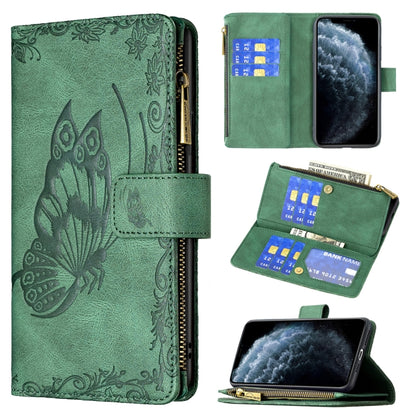 Green embossed butterfly leather flip phone case with zipper, card slots, wallet holder