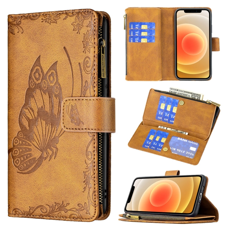 Brown embossed butterfly leather flip phone case with zipper, card slots, wallet holder