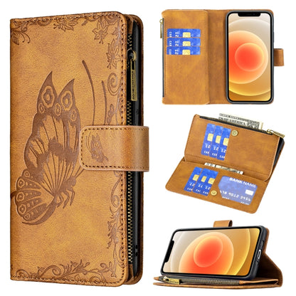 Brown embossed butterfly leather flip phone case with zipper, card slots, wallet holder