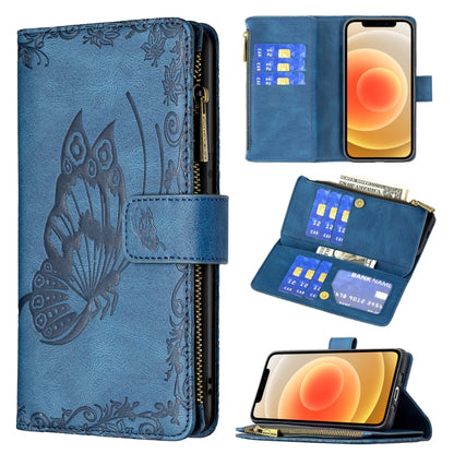 Blue embossed butterfly leather flip phone case with zipper, card slots, wallet holder