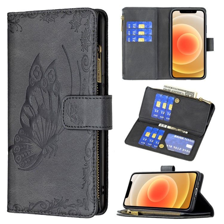 Black embossed butterfly leather flip phone case with zipper, card slots, wallet holder
