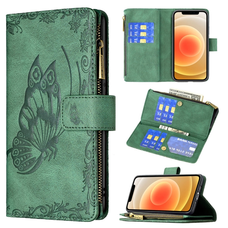 Green embossed butterfly flip phone case with card slots and zip wallet pocket