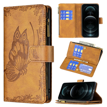 Brown embossed butterfly flip phone case with card slots and zip wallet pocket
