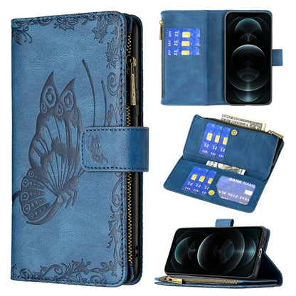 Blue embossed butterfly flip phone case with card slots and zip wallet pocket