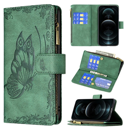 Green embossed butterfly flip phone case with card holder and zip wallet pocket