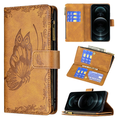 Brown embossed butterfly flip phone case with card holder and zip wallet pocket