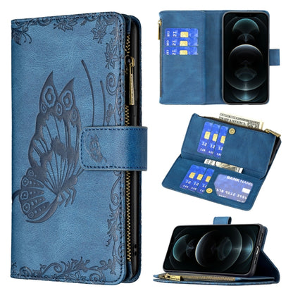 Blue embossed butterfly flip phone case with card holder and zip wallet pocket