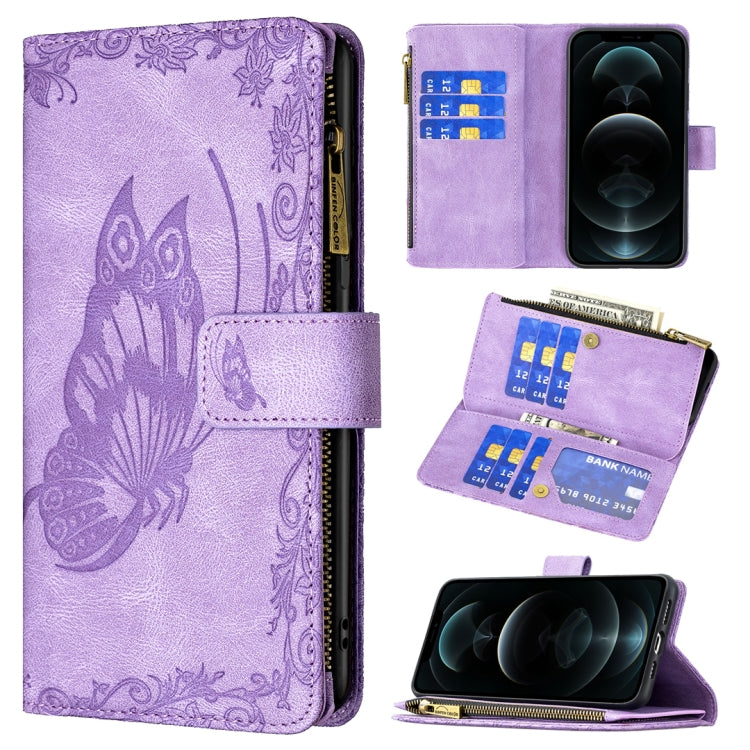Purple butterfly embossed leather phone wallet case with zipper, card slots, flip cover