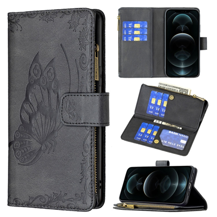 Dark gray butterfly embossed leather phone wallet case with zipper, card slots, flip cover