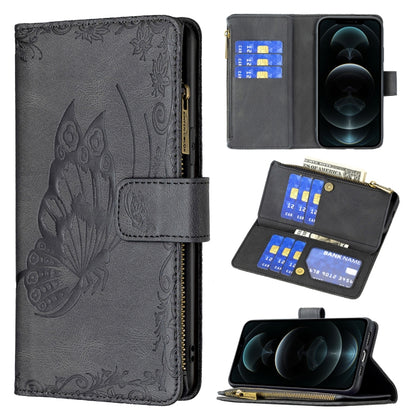 Dark gray butterfly embossed leather phone wallet case with zipper, card slots, flip cover