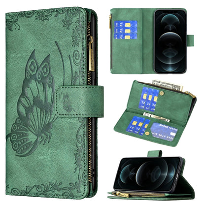 Green butterfly embossed phone wallet case with zipper and card slots, flip cover view