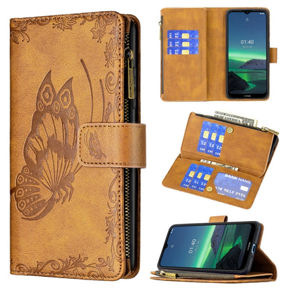 Brown butterfly embossed phone wallet case with card slots and zipper, flip cover open