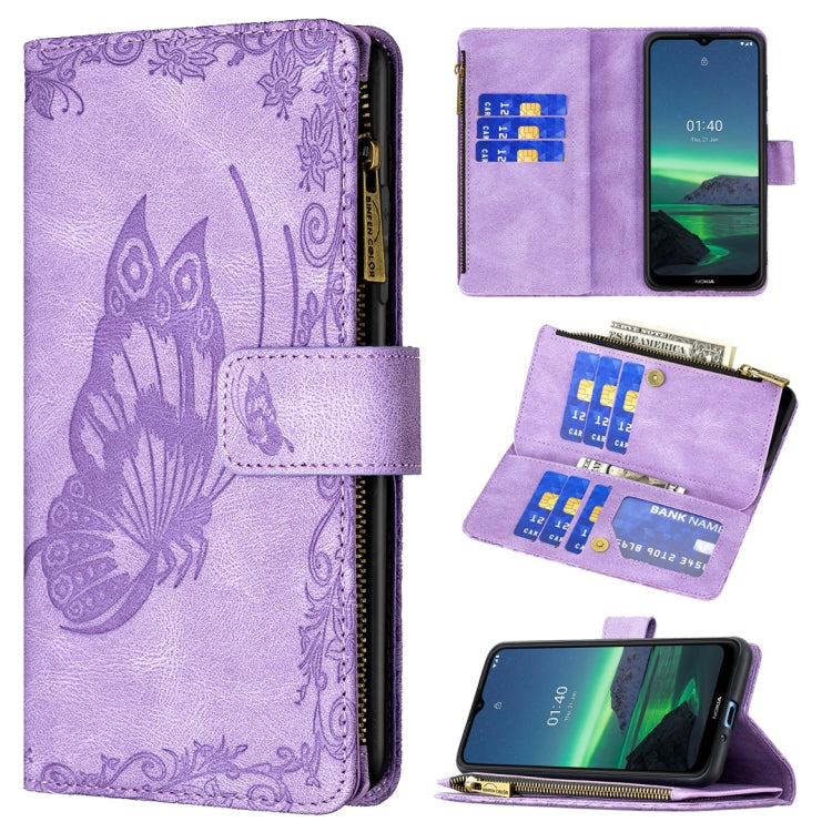 Purple butterfly embossed phone wallet case with card slots and zipper, flip cover open