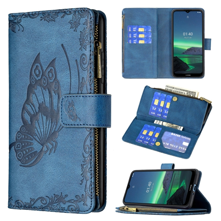 Blue butterfly embossed phone wallet case with card slots and zipper, flip cover open