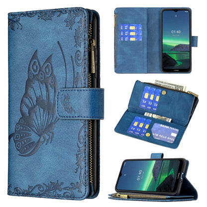 Blue butterfly embossed phone wallet case with card slots and zipper, flip cover open