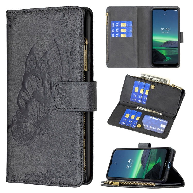 Dark gray butterfly embossed phone wallet case with card slots and zipper, flip cover open