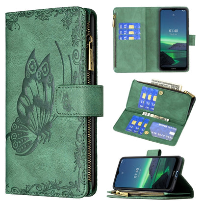 Embossed leather phone wallet case with zipper, card slots, and flip stand; green.