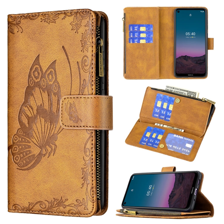 Embossed leather phone wallet case with zipper, card slots, and flip stand; brown.
