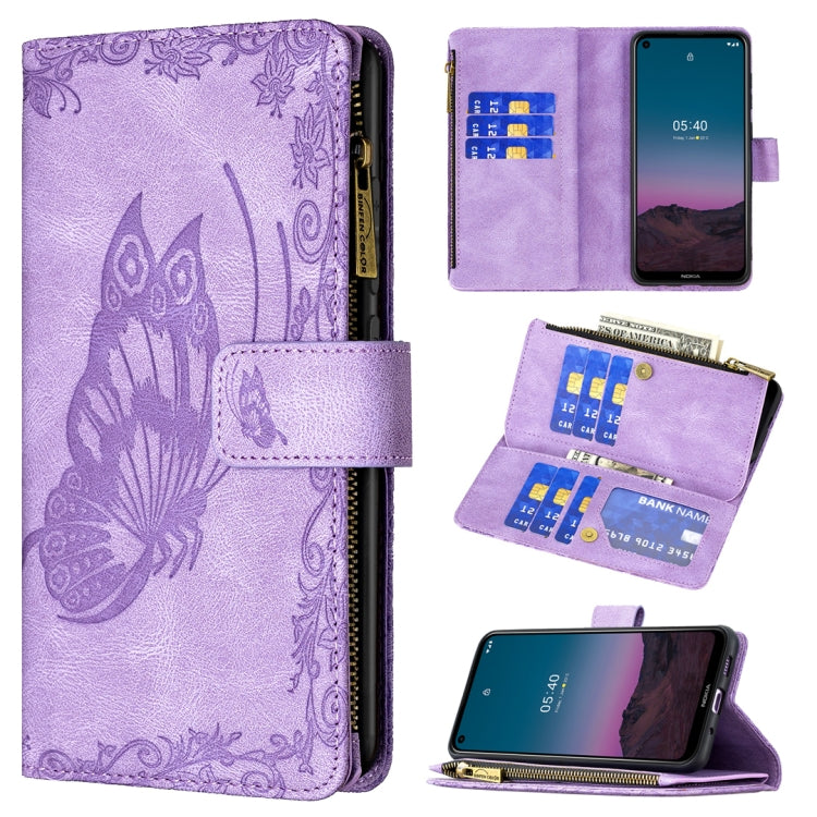 Embossed leather phone wallet case with zipper, card slots, and flip stand; purple.