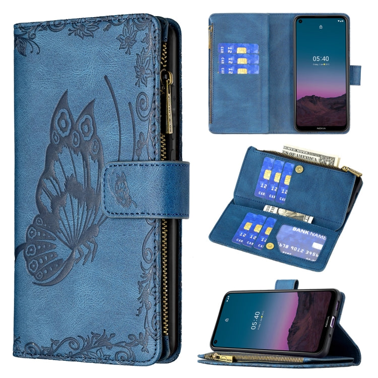 Embossed leather phone wallet case with zipper, card slots, and flip stand; blue.