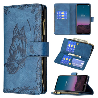 Embossed leather phone wallet case with zipper, card slots, and flip stand; blue.