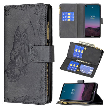 Embossed leather phone wallet case with zipper, card slots, and flip stand; dark gray.