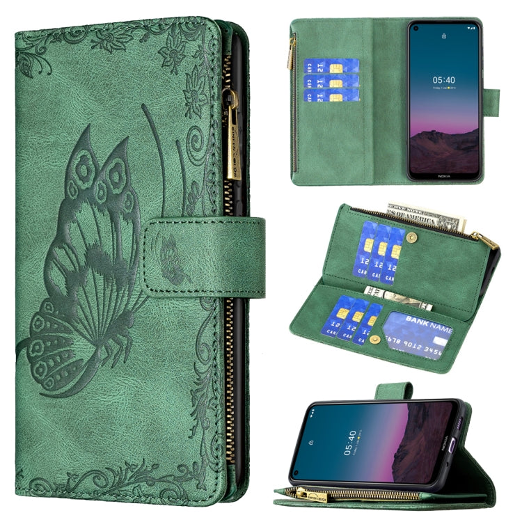 Embossed leather phone wallet case with zipper pocket and card slots; green flip cover.
