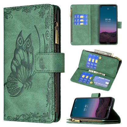 Embossed leather phone wallet case with zipper pocket and card slots; green flip cover.