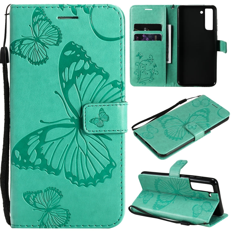 Green butterfly-pattern flip PU leather phone case with card slots and lanyard